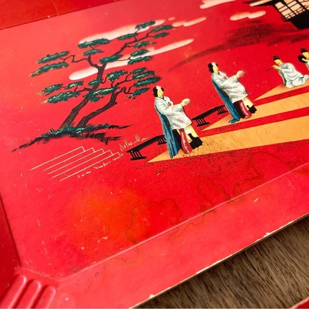 Vintage Hasko wood veneer lap trays red Asian scene MCM 50s set of 3